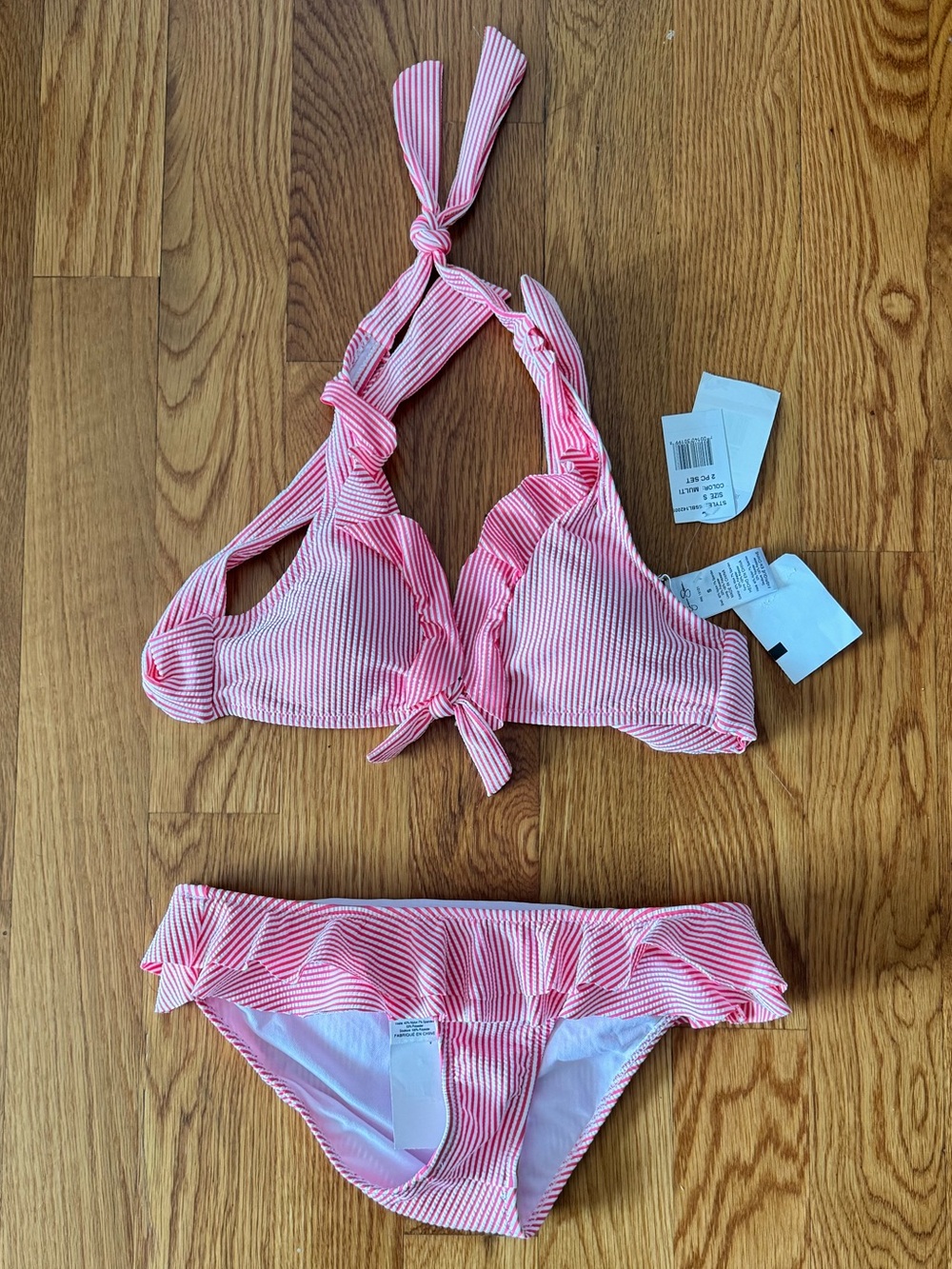 Jessica Simpson Dark Pink White Stripes Ruffles Halter Bikini Bathing Suit Set S